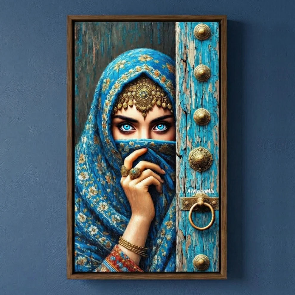 Framed Canvas Wall Art | Blue-Eyed Arabian Beauty | Traditional Heritage Design with Hollow Frame