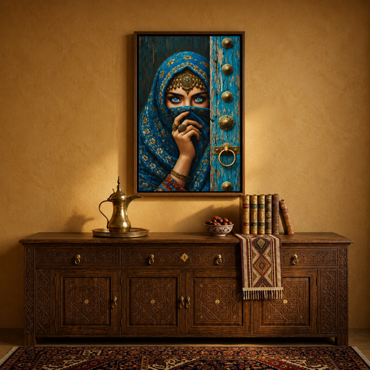 Framed Canvas Wall Art | Blue-Eyed Arabian Beauty | Traditional Heritage Design with Hollow Frame