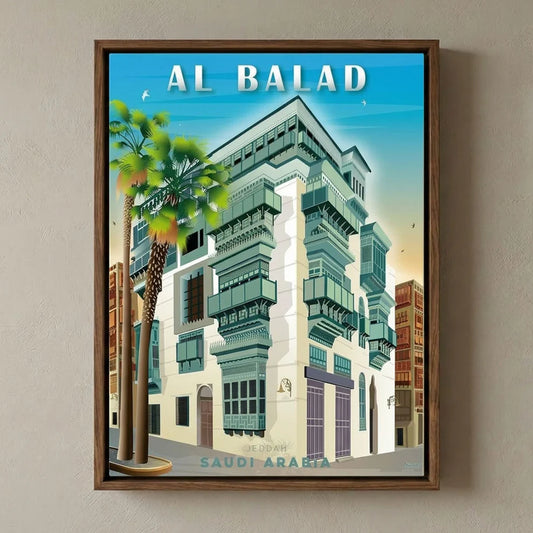 Framed Canvas Wall Art | Al-Balad Jeddah Vintage Poster | Traditional Heritage Design with Hollow Frame