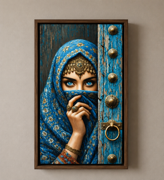 Framed Canvas Wall Art | Blue-Eyed Arabian Beauty | Traditional Heritage Design with Hollow Frame