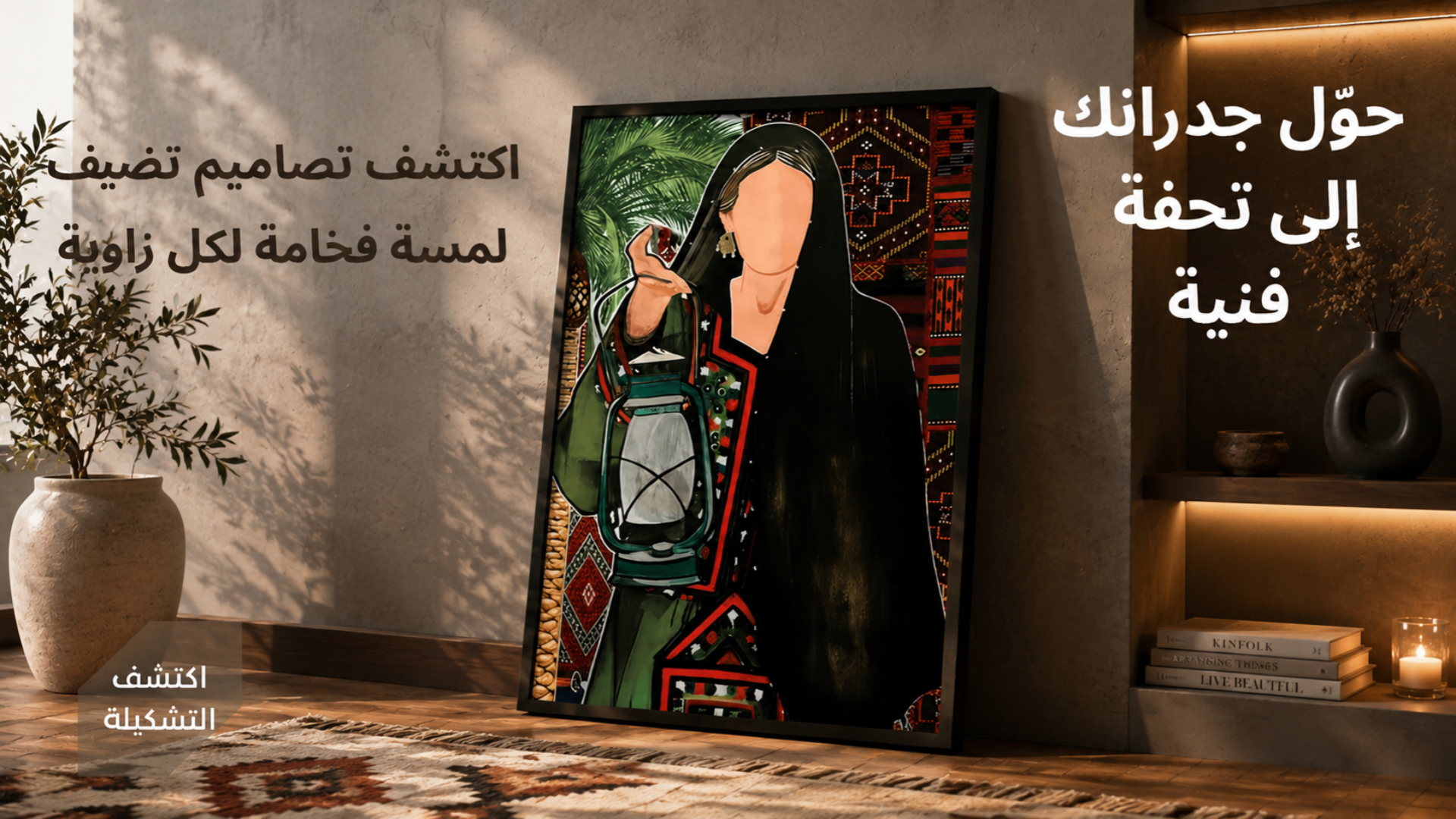 Decorative wall art piece in a home setting with text in Arabic.