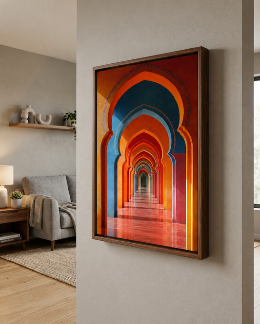 Framed Canvas Wall Art | Infinite Islamic Arches Corridor | Traditional Heritage Design with Hollow Frame
