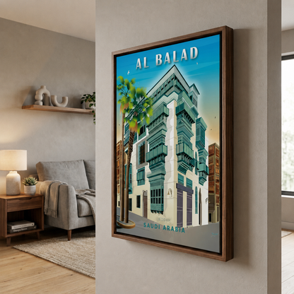 Framed Canvas Wall Art | Al-Balad Jeddah Vintage Poster | Traditional Heritage Design with Hollow Frame