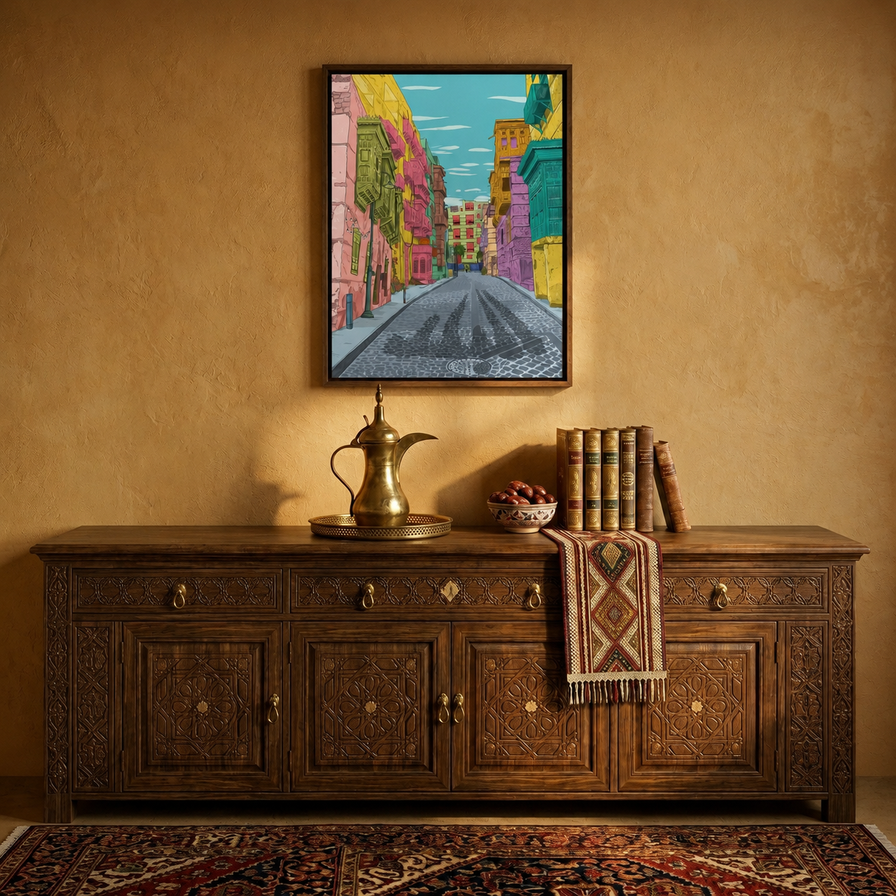 Framed Canvas Wall Art | Al-Balad Colorful Alley | Traditional Heritage Design with Hollow Frame