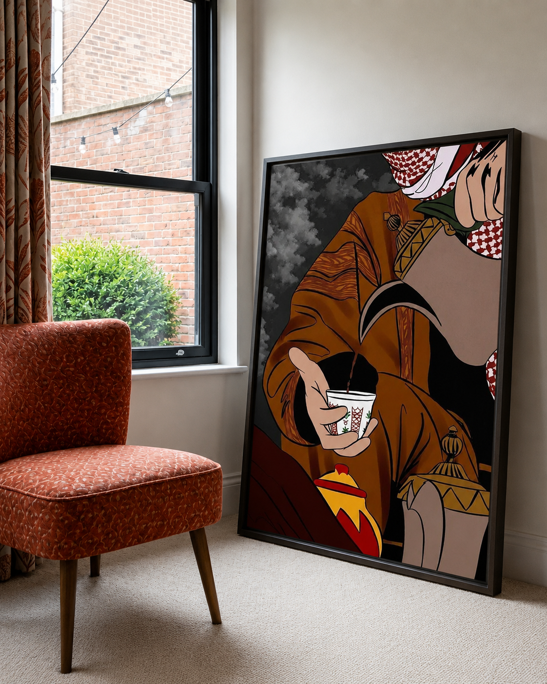 Framed Canvas Wall Art | Saudi Hospitality Coffee Moment | Traditional Heritage Design with Hollow Frame
