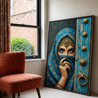 Framed Canvas Wall Art | Blue-Eyed Arabian Beauty | Traditional Heritage Design with Hollow Frame